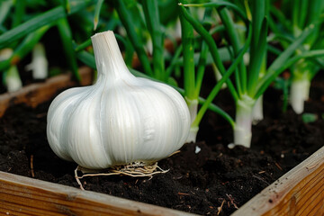 A close-up of a fresh garlic bulb growing in rich soil in a raised garden bed, surrounded by vibrant green stalks, capturing the essence of organic gardening.
