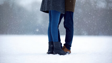 Romantic winter embrace on valentine's day with copy space