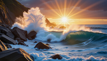 Massive tsunami wave crashing against rocky coastline at sunset, showcasing raw power of nature