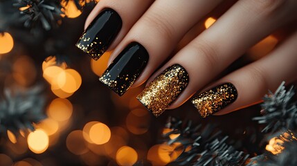 Close-up of long square nails with golden glitter tips and craquelure matte black design, elegantly posed against a textured holiday backdrop.
