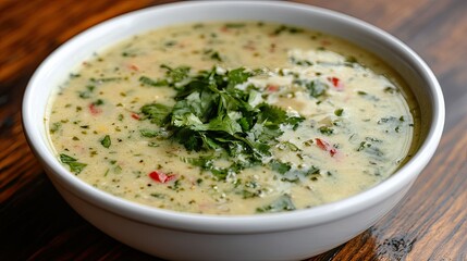Close-up of Thai shrimp soup featuring coconut milk, chili, and lime, garnished with fresh herbs in a clean white bowl on a wooden table.