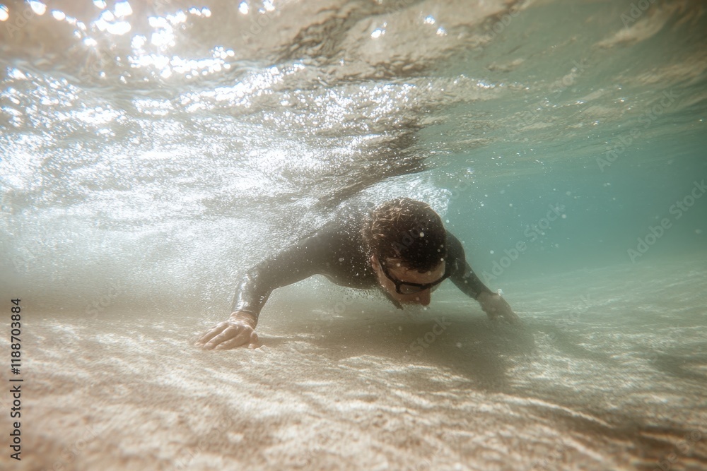 Poster underwater scene of a diver spotting a duck underwater with natural sunlight filtering through the s