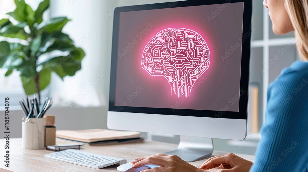 Poster a person sits at a desk using a computer, displaying a glowing pink brain design, symbolizing techno
