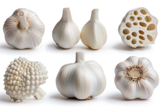 A collection of garlic bulbs and artistic cross-sections displaying diverse shapes, textures, and patterns on a clean white background for creative presentation.
