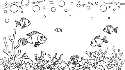 Cheerful Underwater Scene: Simple Line Art Fish and Coral
