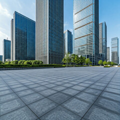skyscrapers in downtown city. Panoramic skyline and modern business office buildings with empty road, empty concrete square floor.