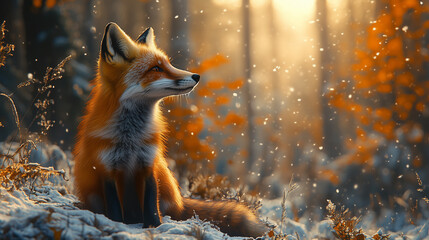 Red fox in a winter forest, cinematic photograph