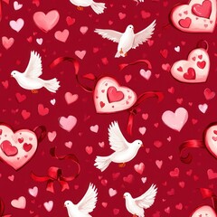 Colorful Pattern Featuring White Doves, Hearts, and Ribbons Perfect for Celebrating Love During Chinese New Year with a Playful and Festive Vibe