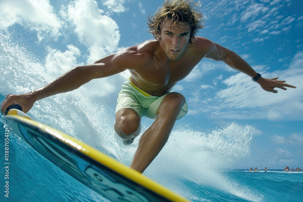 Poster aerial view of a surfer executing a dynamic trick above the waves with bright tropical beach in the 