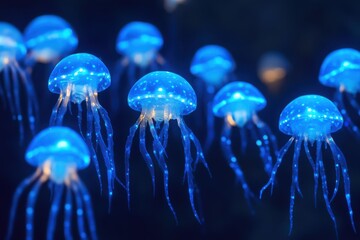 Ethereal Underwater Scene Featuring Glowing Blue Jellyfish Floating Gracefully in a Dark Ocean Environment, Capturing the Mystique of Marine Life Beneath the Waves