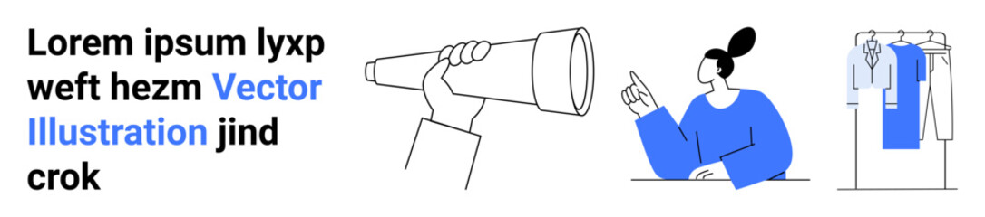 Hand holding telescope, woman gesturing, clothing rack with assorted garments. Ideal for business strategy, vision, decision making, fashion, retail communication teamwork. Landing page