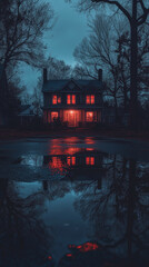 Small town and lonely mystical house, horror vibes, eerie and fog.