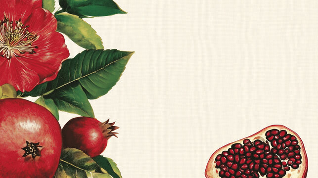 Rosh Hashanah greeting card and wallpaper with watercolor pomegranate on a gentle pastel background. Space for personalized text.