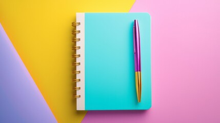 A colorful spiral notebook with a pen placed on a vibrant, multi-colored background.