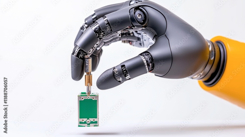Aufkleber a robotic hand delicately holds a small circuit board, showcasing advanced technology and precision 