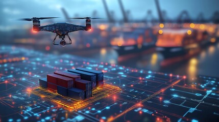 Futuristic tech freight forwarding operation. Drone delivering cargo containers. Modern logistic tech. Automated transport system. Shipping efficiency. Network connectivity visualized. Advanced