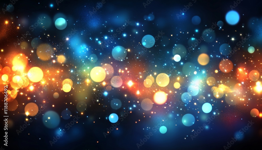 Poster abstract background, vibrant bokeh lights and sparkling particles on dark, festive design element
