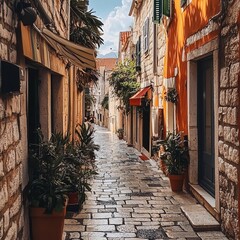 Obraz premium An old street in the town, lined with historic buildings and cobblestone paths, exuding charm and history.