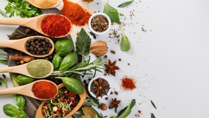 Colorful spices, Wooden spoons, Fresh herbs, Culinary ingredients, Vibrant powders, Aromatic seasonings, Food photography, Rustic background, Overhead view, Culinary art, Cooking preparation, Natural 