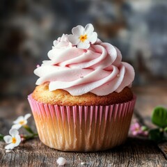 A freshly baked cupcake resting on a wooden table, ready to be enjoyed.