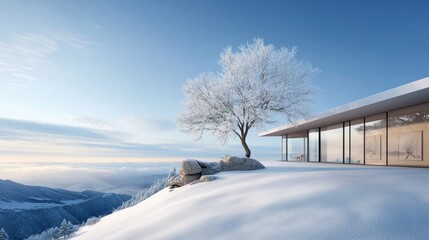Serene Winter Landscape featuring a Modern House on Snowy Mountain Top with Leafless Tree and Breathtaking View of Snow-covered Hills and Blue Sky