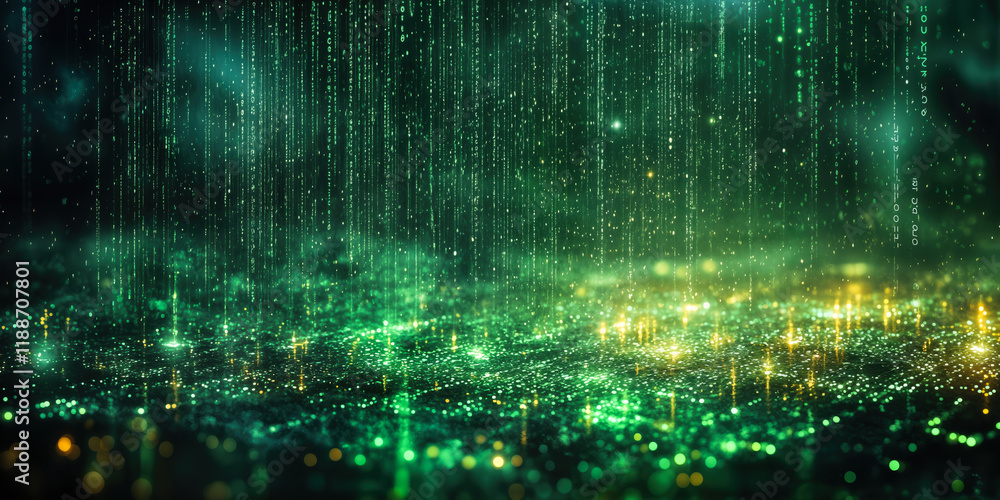 Poster futuristic matrix code digital rain with falling characters on computer screen background