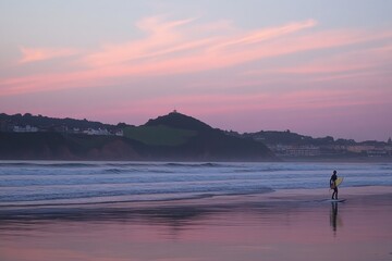 A Person Standing Triumphantly on a Vibrant Beach, Embraced by Rolling Ocean Waves Under a Colorful Sky in the Warm Afternoon Light