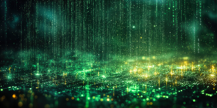 Futuristic Matrix Code Digital Rain with Falling Characters on Computer Screen Background
