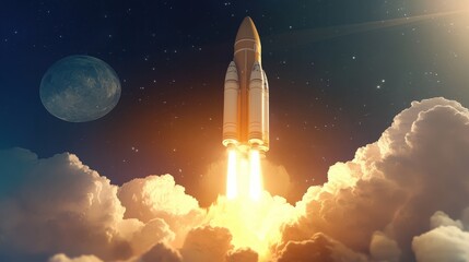 Stunning Rocket Launch Against a Cosmic Background with Dramatic Flames and Clouds