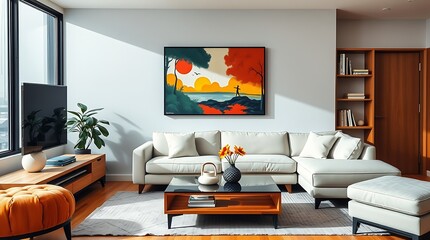 Modern Living Room with Cozy Decor and Bright Accents