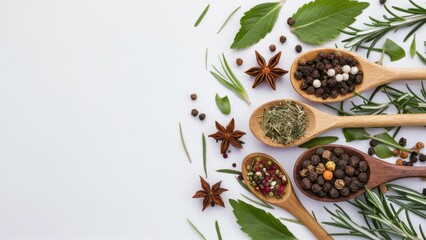 Colorful spices, Wooden spoons, Fresh herbs, Culinary ingredients, Vibrant powders, Aromatic seasonings, Food photography, Rustic background, Overhead view, Culinary art, Cooking preparation, Natural 