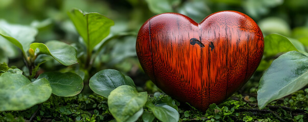 Wooden heart, nature, green leaves