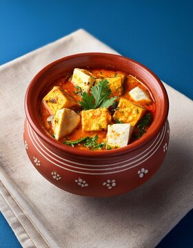 Indian traditional cuisine paneer handi in clay pot on blue background