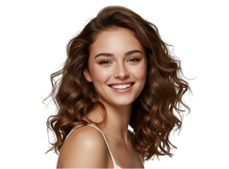 Portrait of smiling girl enjoying beauty treatment on beige background. Beautiful natural woman looking at copy space, spa and wellness concept. Carefree laughing woman with bare shoulders isolated.
