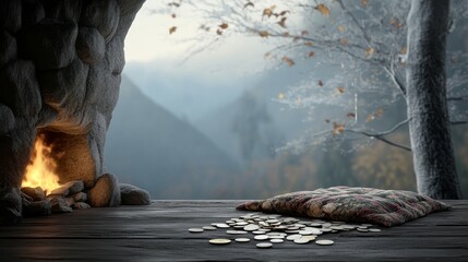 Cozy Mountain Cabin Interior with a Warm Fire and Spill of Coins on a Rustic Wooden Floor Surrounded by Serene Natural Landscape in Tranquil Autumn Mood