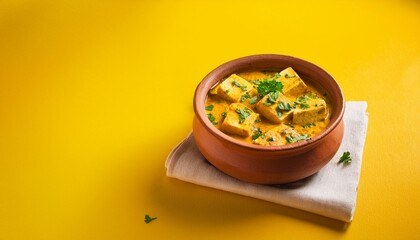 Indian traditional cuisine paneer handi in clay pot on yellow background
