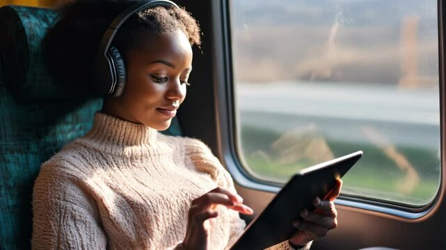 Young Woman Enjoys Music and Watching Tablet on a Train Journey Through a Scenic Landscape