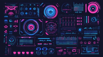 Fototapeta premium Futuristic HUD UI Kit Neon Pink Blue Sci-Fi Interface Elements