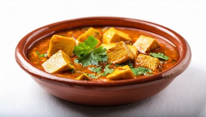 Indian traditional cuisine paneer handi in clay pot on white background