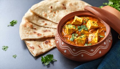 Indian traditional cuisine paneer handi in clay pot served with flatbread tandoori roti