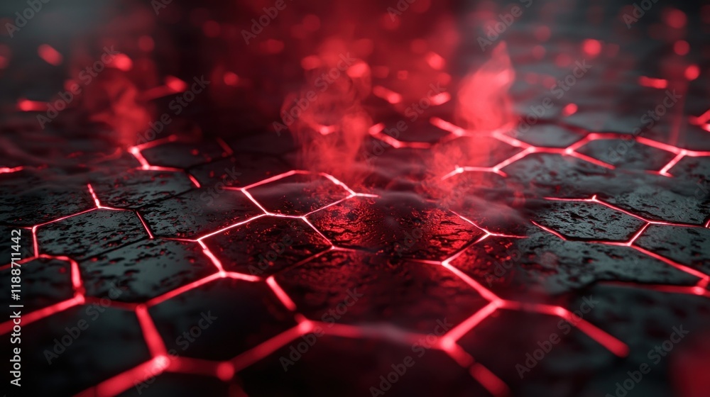 Poster red hexagon pattern with smoke effect: abstract futuristic technology background