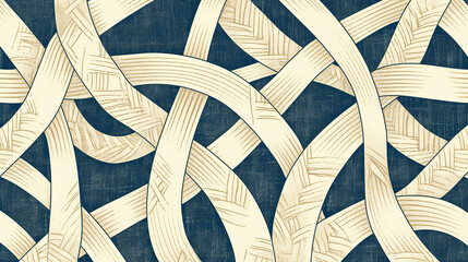 The image features a complex, intertwining pattern of beige and light brown lines on a dark blue background