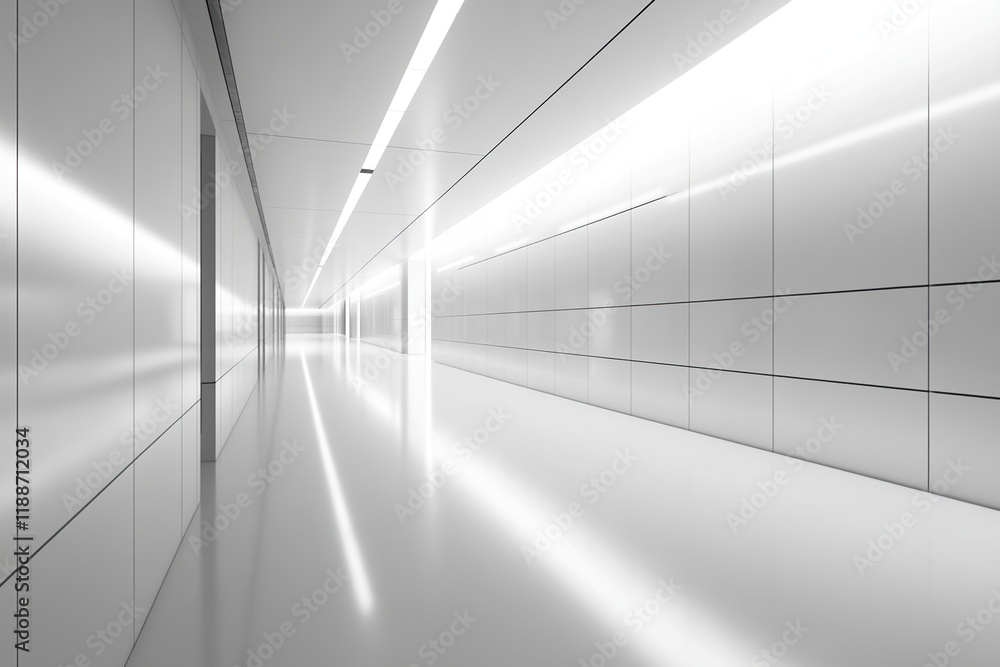Poster exploring modern architecture: sleek white corridor design with bright illumination and clean lines,