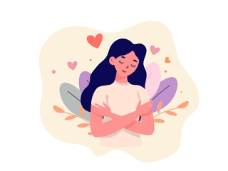 happy woman hugging positive lady self love care illustration love yourself body confidence concept