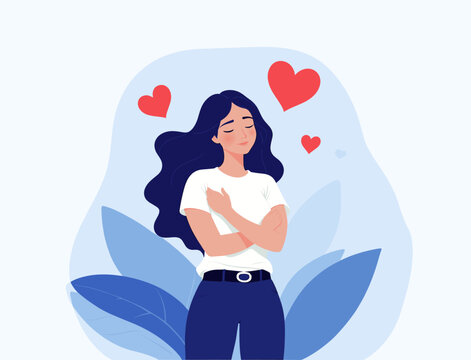 happy woman hugging positive lady self love care illustration love yourself body confidence concept