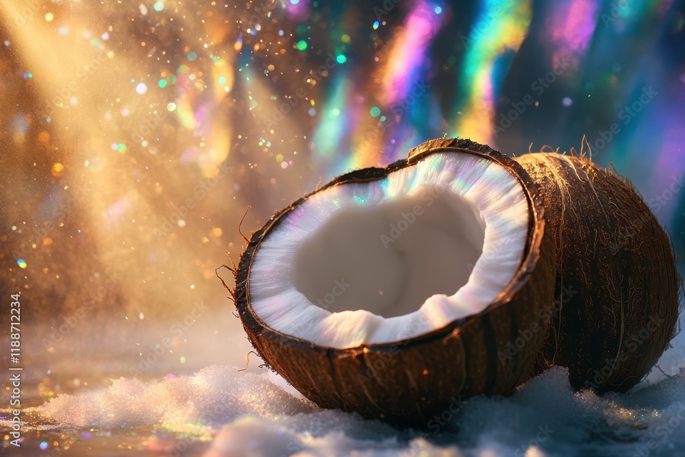 Poster coconut half resting on snow with colorful light reflections in a winter setting