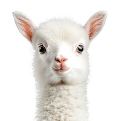 Fototapeta premium Adorable Close-up of a Baby White Llama with Big Dark Eyes, Soft Fluffy Fur, and a Sweet Expression, Capturing the Innocence and Charm of This Young, Playful Animal