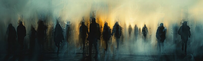 Painting of a group of people walking in a line, banner