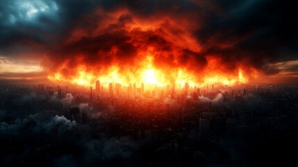 Catastrophic urban inferno engulfing city skyline at dusk dramatic visuals of fire and smoke apocalyptic atmosphere