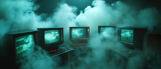 Mysterious data breach simulation abandoned warehouse digital art foggy environment low angle cybersecurity concept